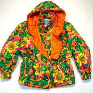 Vintage Lafont Ski Jacket Womens M/L Bright Orange Green Floral Zip Cinch Waist